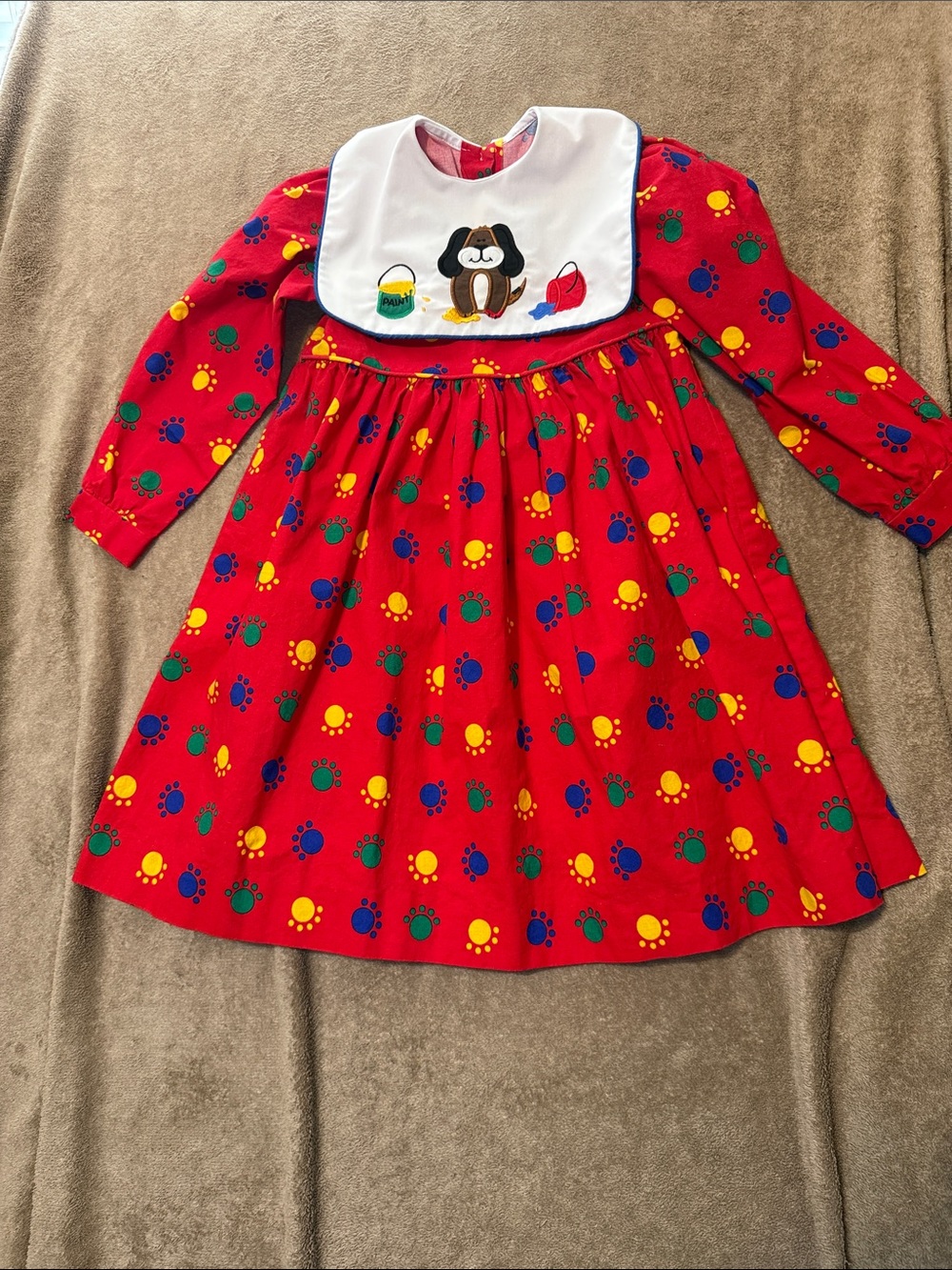 Vintage Red Puppy Paw Print Dress with  embroidered Bib collar.